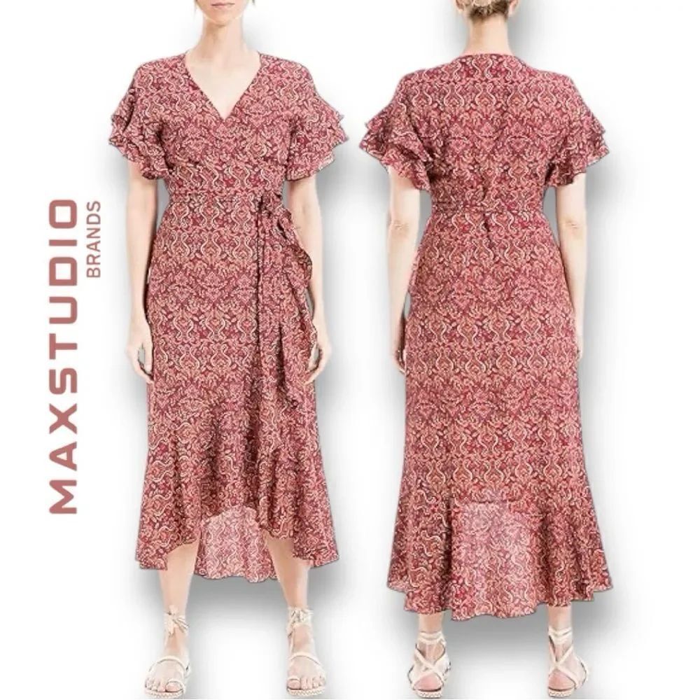 Max Studio Women's Ruffle Crepe High/Low Wrap Midi Dress in the Size X-Large